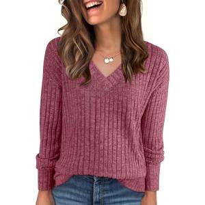 imageANRABESS Long Sleeve Shirts for Women V Neck Casual Fall Tops Loose Fit Lightweight Sweaters Tunic Fashion 2025 ClothesRed