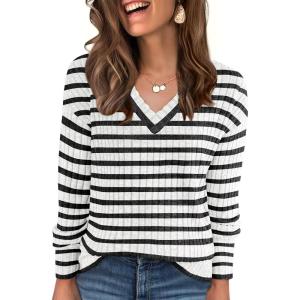 imageANRABESS Long Sleeve Shirts for Women V Neck Casual Fall Tops Loose Fit Lightweight Sweaters Tunic Fashion 2025 ClothesStriped Black
