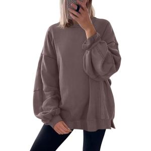 imageANRABESS Women Oversized Long Sleeve Sweatshirts Crewneck Side Slit Loose Teen Girl Pullover Top 2025 Fall Y2K Trendy OutfitsCamel