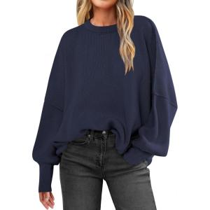 imageANRABESS Women Oversized Sweaters Batwing Long Sleeve 2025 Fall Outfits Crewneck Casual Knit Side Slit Fashion Pullover TopNavy Blue