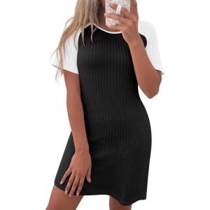 imageANRABESS Women Short Sleeve Sleep Night Shirts Comfy Nightgowns Ribbed Pajamas House Sweater Dress 2025 Fall SleepwearBlack White
