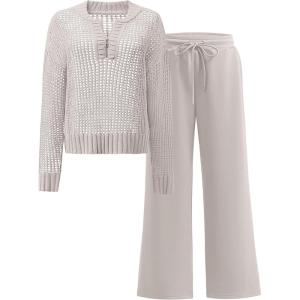 imageANRABESS Womens 2 Piece Outfits 2025 Fall Crochet Knit Half Zip Sweater Top Wide Leg Pant Travel Matching Sets Lounge ClothesLight Khaki