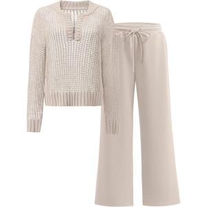 imageANRABESS Womens 2 Piece Outfits 2025 Fall Crochet Knit Half Zip Sweater Top Wide Leg Pant Travel Matching Sets Lounge ClothesLight Tan