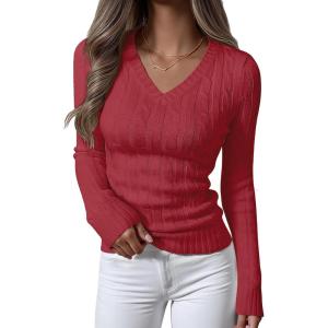 imageANRABESS Womens Long Sleeve Cable Knit Sweater 2025 Fall Fashion V Neck Fitted Pullover Top Business Casual Work Fall OutfitsRed