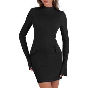 imageANRABESS Womens Long Sleeve Mock Neck Sexy Bodycon Mini Dress Dressy Casual Elegant Formal Party Blazer Dresses with PocketsBlack