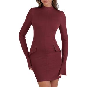 imageANRABESS Womens Long Sleeve Mock Neck Sexy Bodycon Mini Dress Dressy Casual Elegant Formal Party Blazer Dresses with PocketsBurgundy