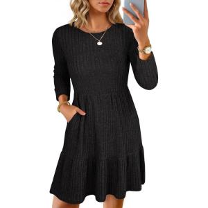 imageANRABESS Womens Long Sleeve Ribbed Knit Short Dress 2025 Fall Casual Crewneck Flowy A Line Mini Sweater Dresses with PocketsBlack