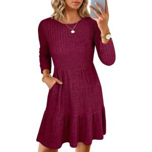 imageANRABESS Womens Long Sleeve Ribbed Knit Short Dress 2025 Fall Casual Crewneck Flowy A Line Mini Sweater Dresses with PocketsBurgundy