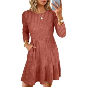 imageANRABESS Womens Long Sleeve Ribbed Knit Short Dress 2025 Fall Casual Crewneck Flowy A Line Mini Sweater Dresses with PocketsBurnt Orange