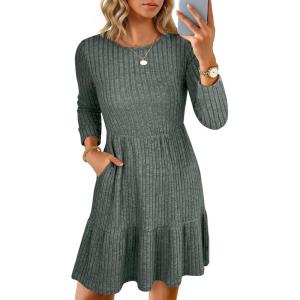 imageANRABESS Womens Long Sleeve Ribbed Knit Short Dress 2025 Fall Casual Crewneck Flowy A Line Mini Sweater Dresses with PocketsGray Green