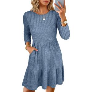 imageANRABESS Womens Long Sleeve Ribbed Knit Short Dress 2025 Fall Casual Crewneck Flowy A Line Mini Sweater Dresses with PocketsGrey Blue