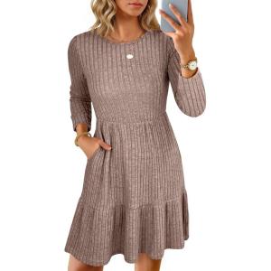 imageANRABESS Womens Long Sleeve Ribbed Knit Short Dress 2025 Fall Casual Crewneck Flowy A Line Mini Sweater Dresses with PocketsKhaki