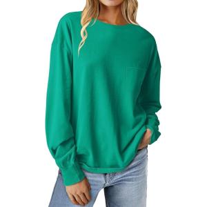 imageANRABESS Womens Long Sleeve Shirts Crewneck Oversized Tops Casual 2025 Fall Trendy TShirts Tee Blouse with Pockets ClothesGreen
