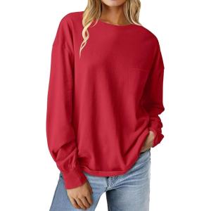 imageANRABESS Womens Long Sleeve Shirts Crewneck Oversized Tops Casual 2025 Fall Trendy TShirts Tee Blouse with Pockets ClothesRed