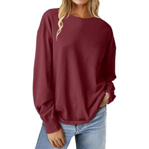 imageANRABESS Womens Long Sleeve Shirts Crewneck Oversized Tops Casual 2025 Fall Trendy TShirts Tee Blouse with Pockets ClothesWine Red