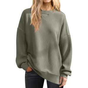 imageANRABESS Womens Oversized Sweatshirts Crewneck Corduroy Side Slit Pullover Sweaters 2025 Fall Long Sleeve Tunic Tops OutfitsAmry Green