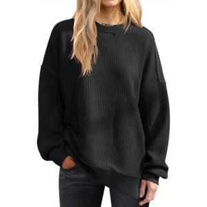 imageANRABESS Womens Oversized Sweatshirts Crewneck Corduroy Side Slit Pullover Sweaters 2025 Fall Long Sleeve Tunic Tops OutfitsBlack
