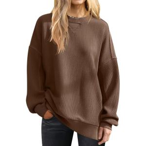 imageANRABESS Womens Oversized Sweatshirts Crewneck Corduroy Side Slit Pullover Sweaters 2025 Fall Long Sleeve Tunic Tops OutfitsCamel
