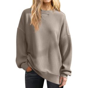 imageANRABESS Womens Oversized Sweatshirts Crewneck Corduroy Side Slit Pullover Sweaters 2025 Fall Long Sleeve Tunic Tops OutfitsKhaki