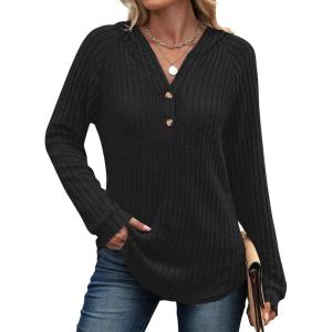 imageANRABESS Hoodies for Women Long Sleeve Shirts Ribbed Knit Loose Fit Pullover Sweatshirts 2025 Fall Casual Hooded Sweater TopBlack