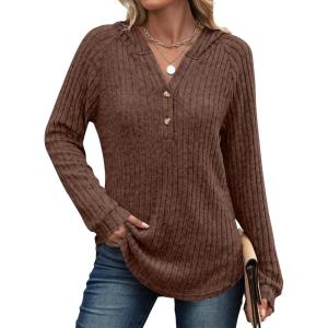 imageANRABESS Hoodies for Women Long Sleeve Shirts Ribbed Knit Loose Fit Pullover Sweatshirts 2025 Fall Casual Hooded Sweater TopBrown