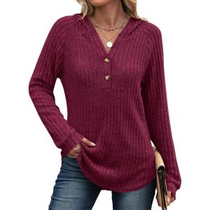 imageANRABESS Hoodies for Women Long Sleeve Shirts Ribbed Knit Loose Fit Pullover Sweatshirts 2025 Fall Casual Hooded Sweater TopBurgundy