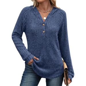 imageANRABESS Hoodies for Women Long Sleeve Shirts Ribbed Knit Loose Fit Pullover Sweatshirts 2025 Fall Casual Hooded Sweater TopDark Blue