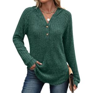 imageANRABESS Hoodies for Women Long Sleeve Shirts Ribbed Knit Loose Fit Pullover Sweatshirts 2025 Fall Casual Hooded Sweater TopGreen