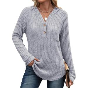 imageANRABESS Hoodies for Women Long Sleeve Shirts Ribbed Knit Loose Fit Pullover Sweatshirts 2025 Fall Casual Hooded Sweater TopGrey
