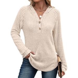 imageANRABESS Hoodies for Women Long Sleeve Shirts Ribbed Knit Loose Fit Pullover Sweatshirts 2025 Fall Casual Hooded Sweater TopLight Khaki