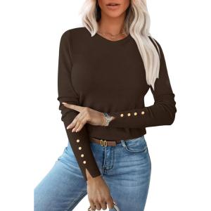 imageANRABESS Sweaters for Women Long Sleeve Crewneck Fitted Business Casual Pullover Tops 2025 Fall Outfits with Button CuffCoffee