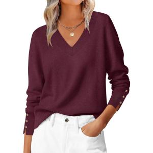 imageANRABESS Sweaters for Women Long Sleeve V Neck Shirts Business Casual Work Blouses 2025 Fall Loose Knit Pullover Sweater TopsBurgund