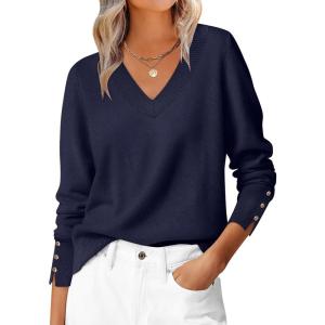 imageANRABESS Sweaters for Women Long Sleeve V Neck Shirts Business Casual Work Blouses 2025 Fall Loose Knit Pullover Sweater TopsNavy Blue