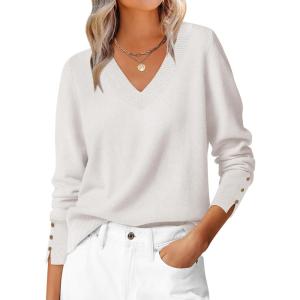 imageANRABESS Sweaters for Women Long Sleeve V Neck Shirts Business Casual Work Blouses 2025 Fall Loose Knit Pullover Sweater TopsWhite