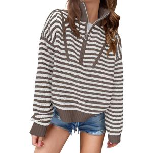 imageANRABESS Sweaters for Women Striped Half Zip Long Sleeve Ribbed Knit Pullover Comfy Casual Lightweight Tops 2025 Fall FashionStriped White Camel