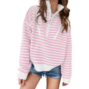 imageANRABESS Sweaters for Women Striped Half Zip Long Sleeve Ribbed Knit Pullover Comfy Casual Lightweight Tops 2025 Fall FashionStriped White Light Pink