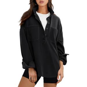 imageANRABESS Sweatshirt for Women Oversized Casual Long Sleeve Side Slit Button Lapel Polo Pullover Tunic Tops 2025 Fall OutfitsBlack