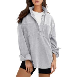 imageANRABESS Sweatshirt for Women Oversized Casual Long Sleeve Side Slit Button Lapel Polo Pullover Tunic Tops 2025 Fall OutfitsGrey