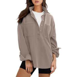 imageANRABESS Sweatshirt for Women Oversized Casual Long Sleeve Side Slit Button Lapel Polo Pullover Tunic Tops 2025 Fall OutfitsKhaki