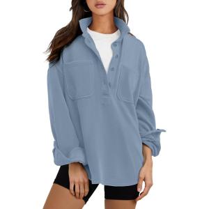 imageANRABESS Sweatshirt for Women Oversized Casual Long Sleeve Side Slit Button Lapel Polo Pullover Tunic Tops 2025 Fall OutfitsLight Blue