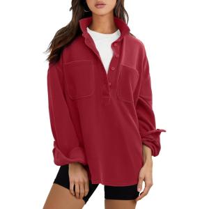 imageANRABESS Sweatshirt for Women Oversized Casual Long Sleeve Side Slit Button Lapel Polo Pullover Tunic Tops 2025 Fall OutfitsRed