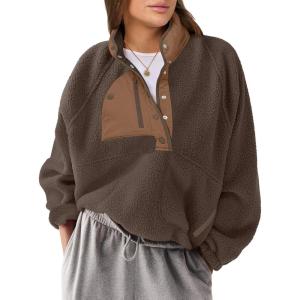 imageANRABESS Women Fuzzy Fleece Pullover Sherpa Sweatshirt Long Sleeve Button Down Warm Soft Loose Sweater Jackets with PocketsBrown