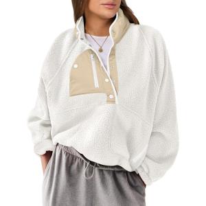 imageANRABESS Women Fuzzy Fleece Pullover Sherpa Sweatshirt Long Sleeve Button Down Warm Soft Loose Sweater Jackets with PocketsCream White
