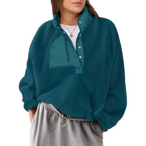 imageANRABESS Women Fuzzy Fleece Pullover Sherpa Sweatshirt Long Sleeve Button Down Warm Soft Loose Sweater Jackets with PocketsCyan