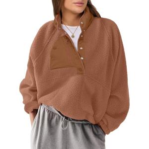 imageANRABESS Women Fuzzy Fleece Pullover Sherpa Sweatshirt Long Sleeve Button Down Warm Soft Loose Sweater Jackets with PocketsLight Brown