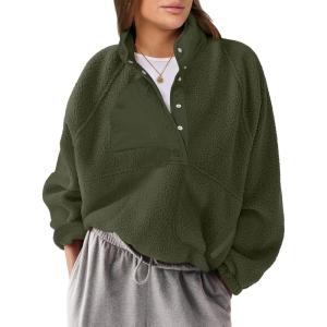 imageANRABESS Women Fuzzy Fleece Pullover Sherpa Sweatshirt Long Sleeve Button Down Warm Soft Loose Sweater Jackets with PocketsOlive