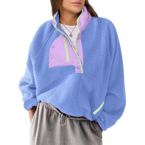 imageANRABESS Women Fuzzy Fleece Pullover Sherpa Sweatshirt Long Sleeve Button Down Warm Soft Loose Sweater Jackets with PocketsSky Blue