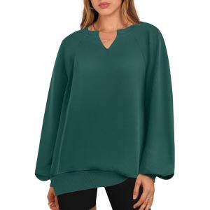 imageANRABESS Women Oversized Sweatshirts Balloon Long Sleeves V Neck Casual Lightweight Sweaters Pullover Top 2025 Fall OutfitsDeep Green