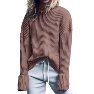 imageANRABESS Women Turtleneck Sweater 2025 Fall Fashion Long Sleeve Ribbed Chunky Knit Work Travel Pullover Top OutfitsNutmeg