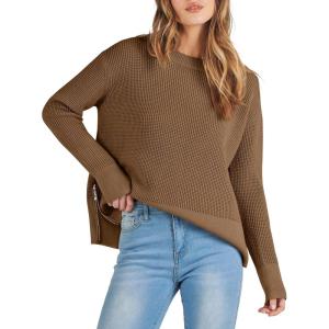 imageANRABESS Womens 2025 Fall Waffle Sweaters Long Sleeve Thumbhole Casual Knitted Side Zipper Pullover Sweaters TopCoffee